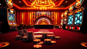 Scène palpitante de jeux de casino en ligne fiables avec des jetons de poker colorés et une roue de roulette.