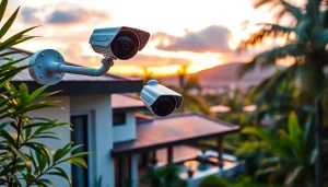 Cámaras de seguridad en Liberia que muestran tecnología de vigilancia avanzada en un entorno tropical.