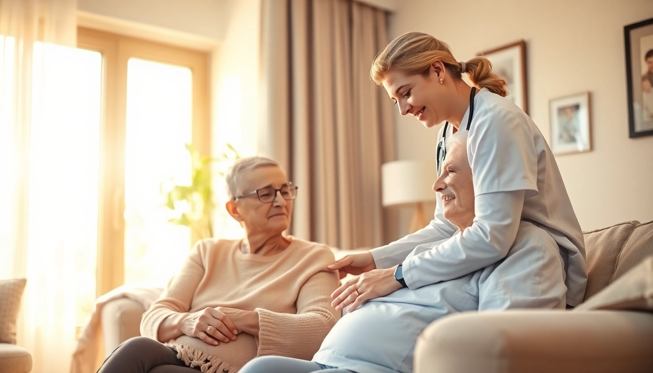 Caregiver offering in home care near me in a welcoming living room, fostering warmth and connection.