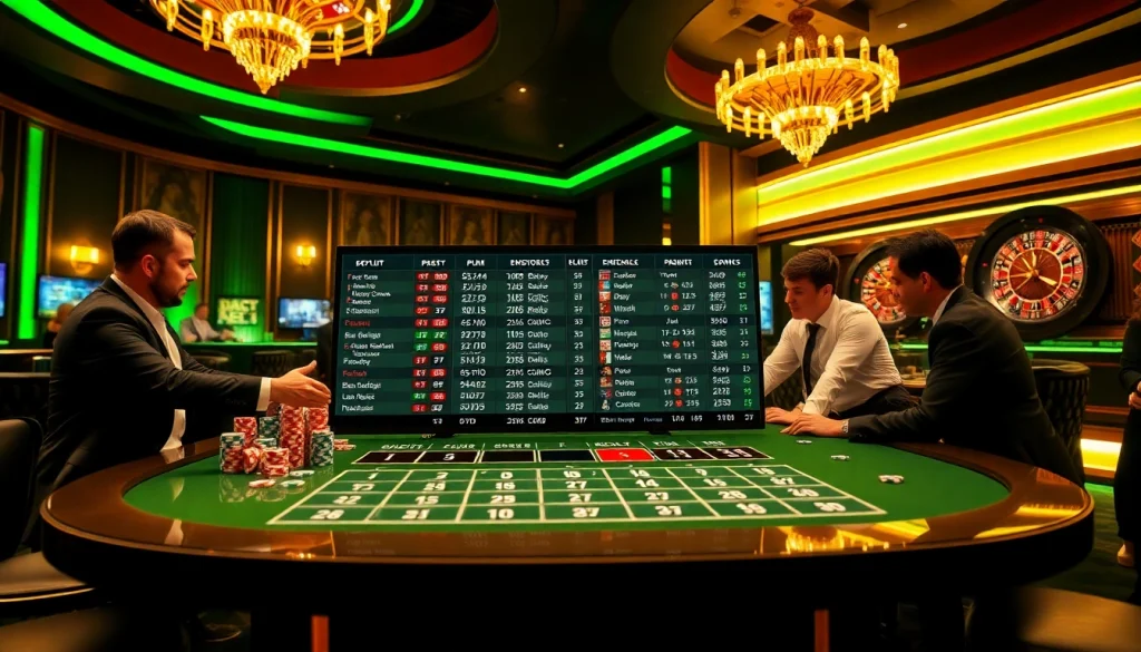 Engaged players placing bets on bandar mix parlay in a luxurious casino setting.