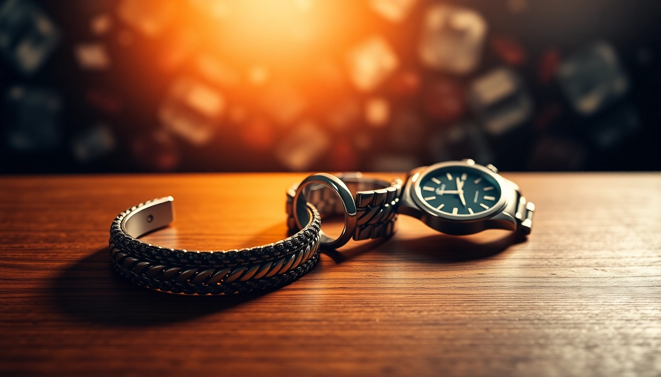 Showcasing stunning men's jewelry collection featuring bracelets, rings, and watches.