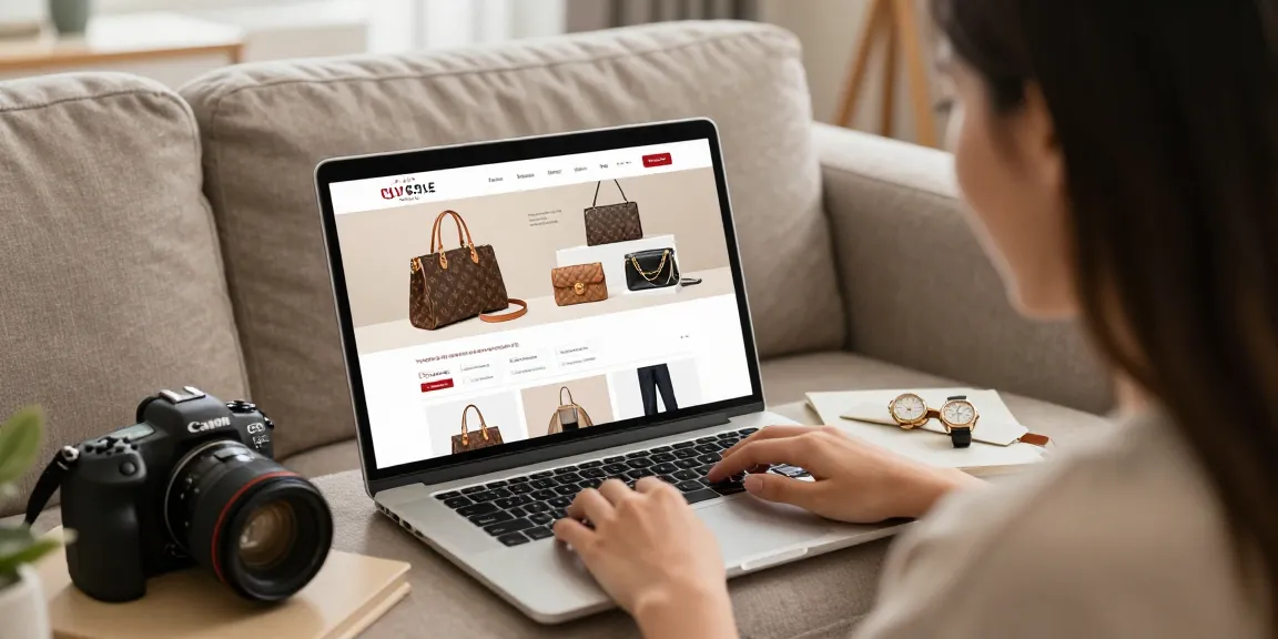 Engaged shopper exploring luxury replica items on a stylish e-commerce site.