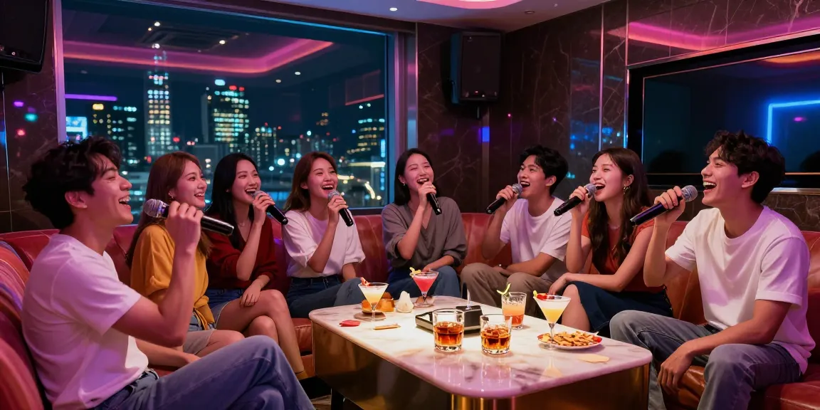 Group of friends singing and enjoying drinks at 강남가라오케 luxury karaoke, vibrant nightlife atmosphere.