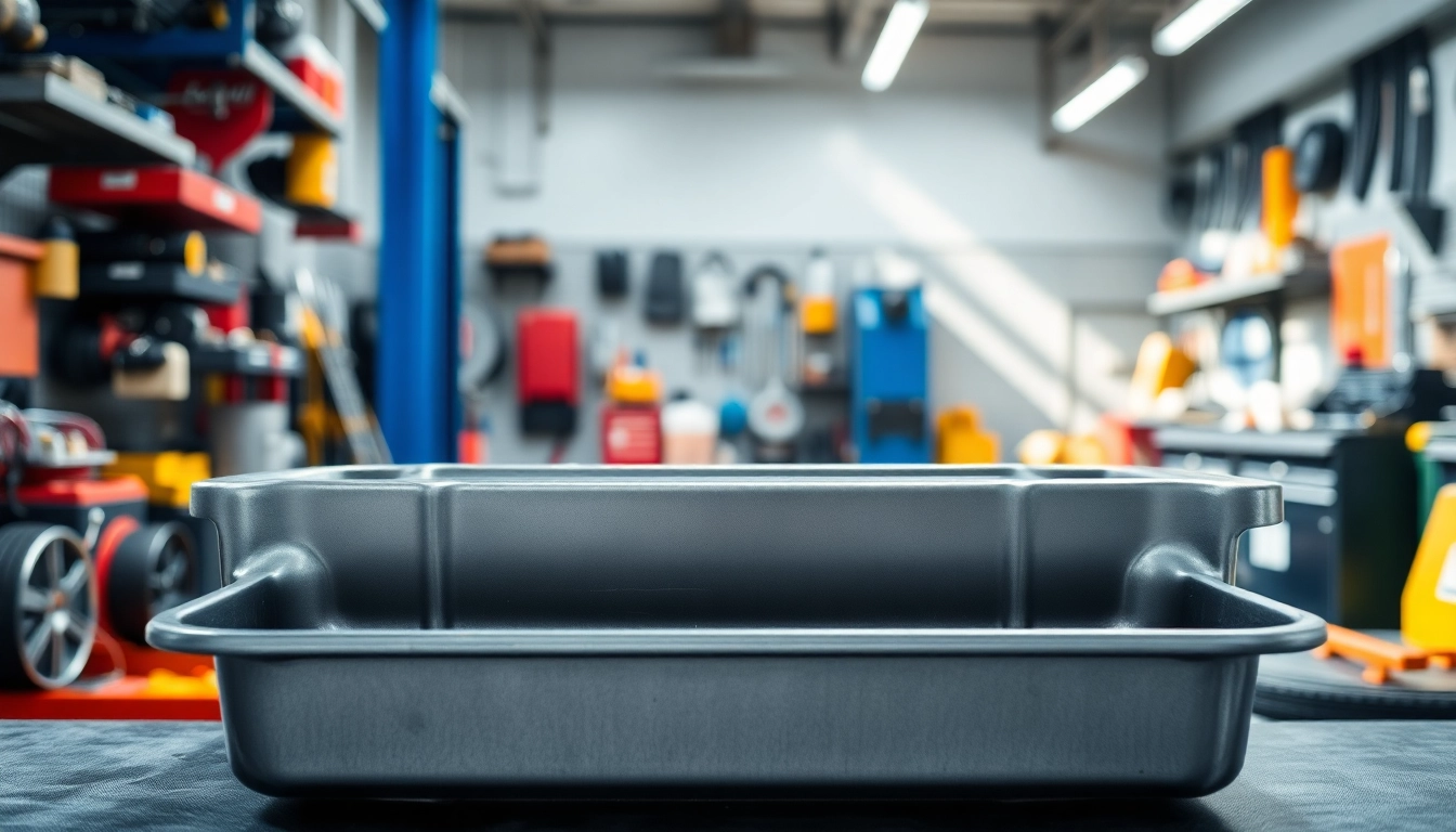 Efficient Oil Drain Pan ready for automotive fluid collection in a clean garage.