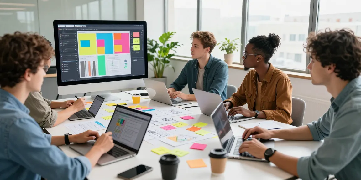 Diverse team collaborating on a mixboard in a modern workspace, visualizing creative ideas.