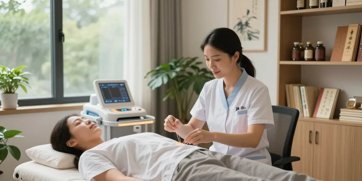 Patient receiving treatment from experienced acupuncturist at 수원한의원, serene clinic environment.