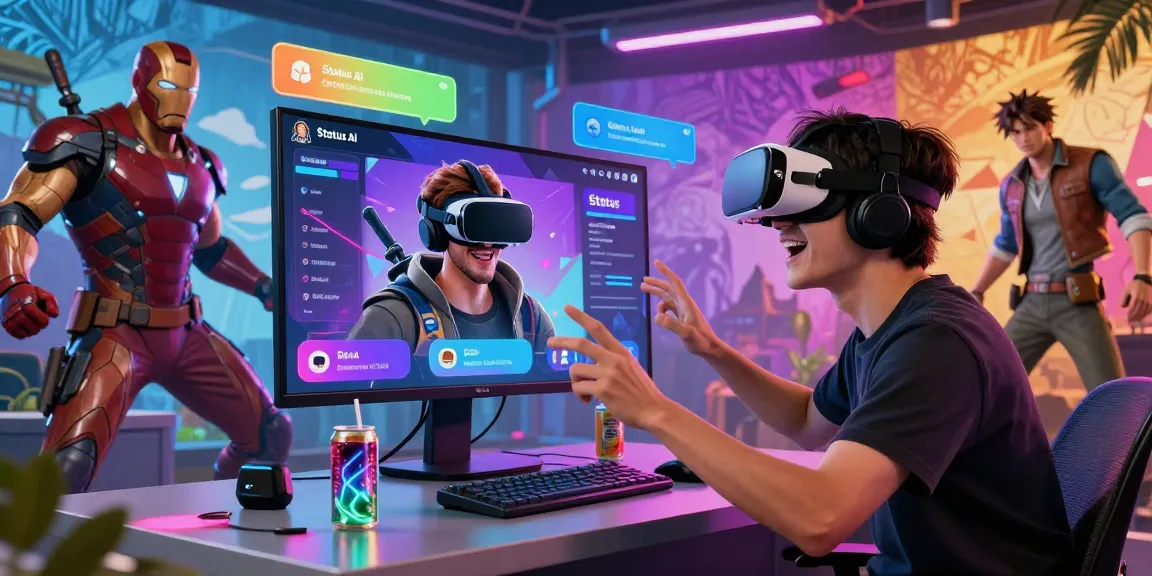 Engaged user in Status app interacting with avatars and characters in a vibrant virtual landscape.