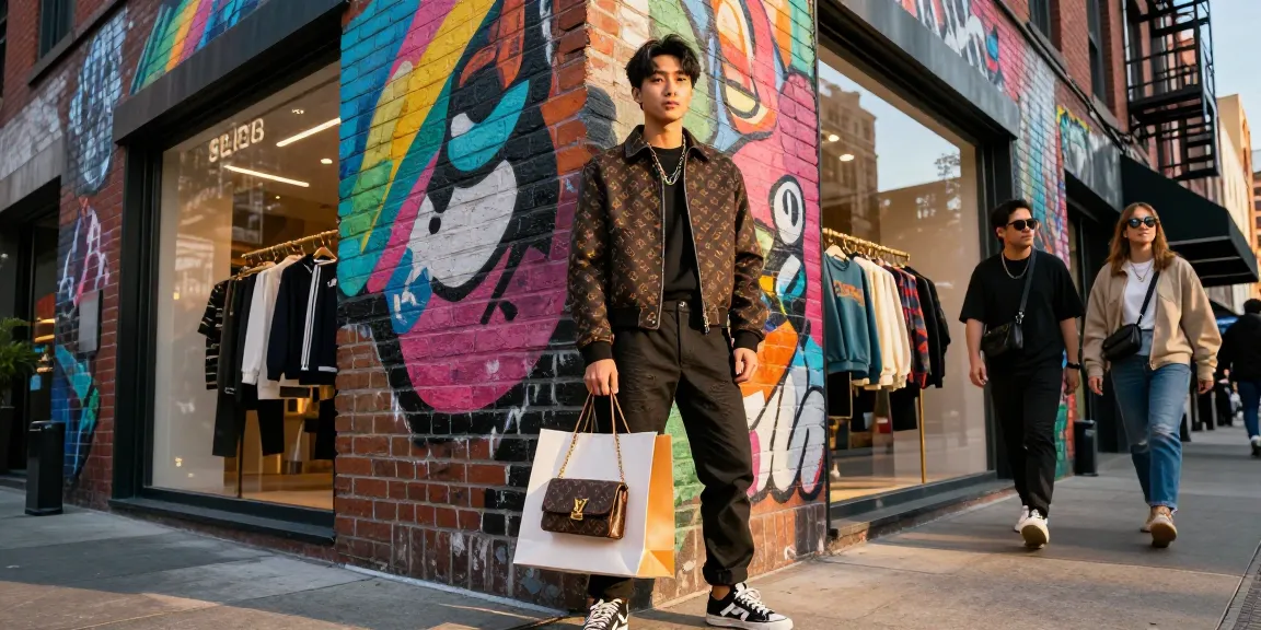 Stylish individual in urban setting showcasing high-quality 레플리카 fashion against vibrant mural.