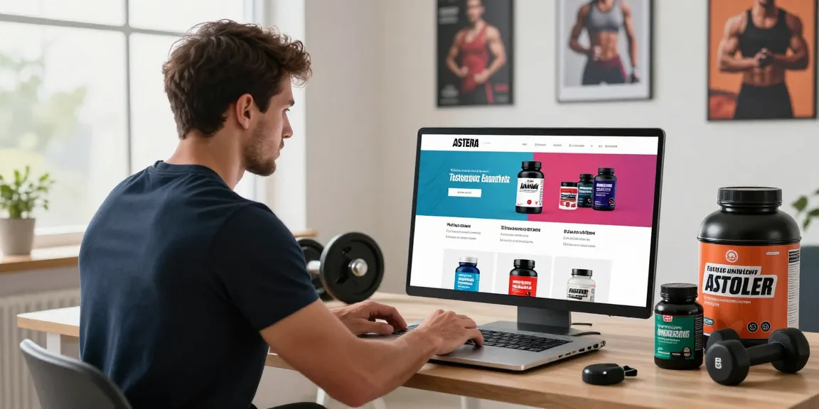 Astera Shop featuring 70+ steroid products with a model browsing on a laptop in a fitness-themed workspace.