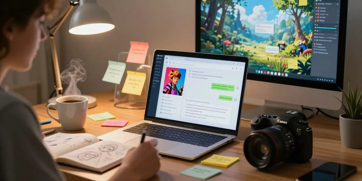 Immersive home office scene with Tavern AI interface, showcasing character dialogues and a creative workspace.