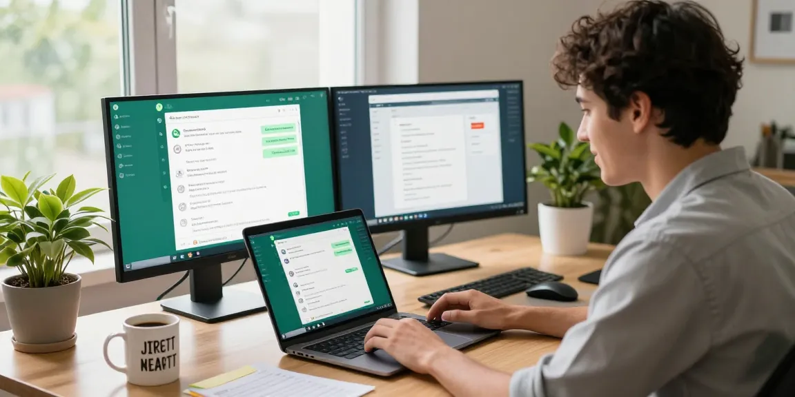 Using WhatsApp電腦版 on a modern home office setup with dual monitors and a vibrant ambiance.