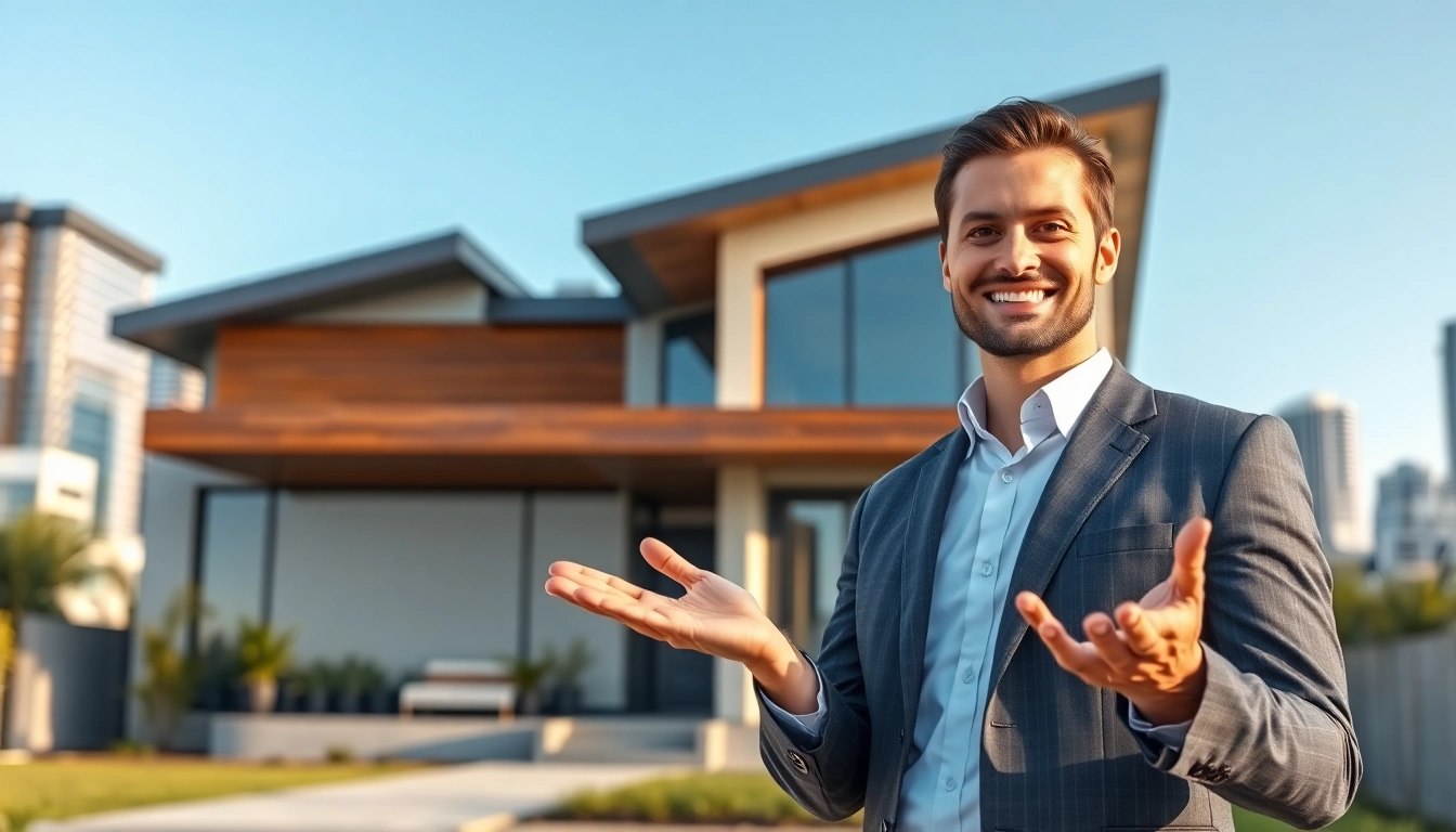Real estate agent presenting a home listing featuring Remax branding in an urban backdrop.