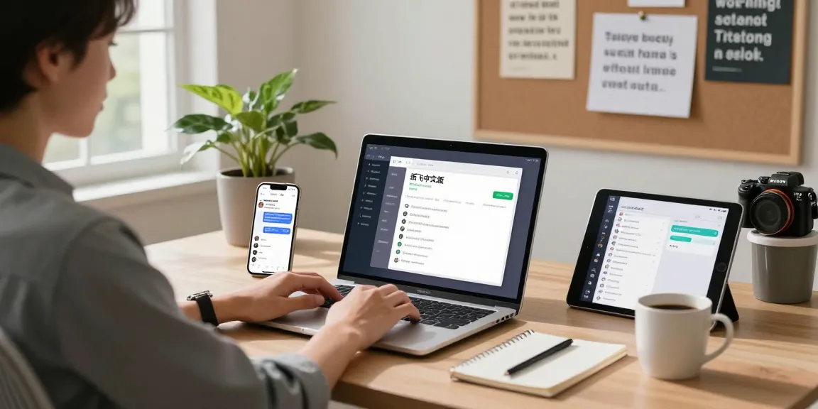 Individual engaged in digital communication using 纸飞机中文版 app in a stylish home office.