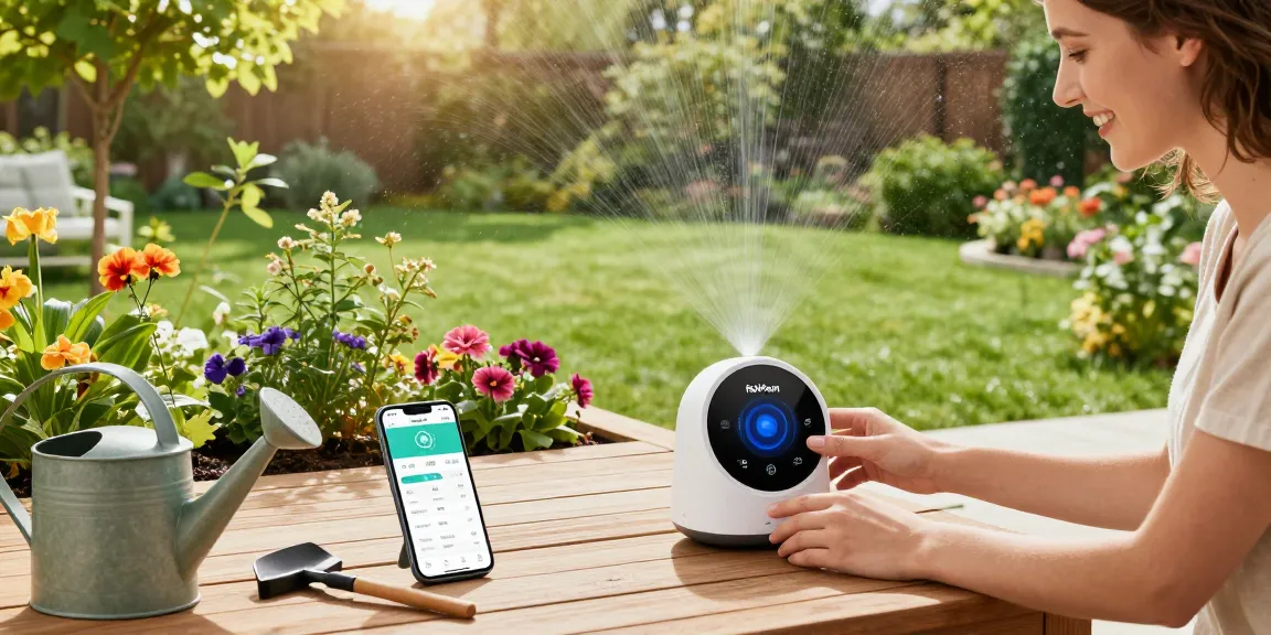 Homeowner adjusting rainpoint smart sprinkler controller in a sunny garden, showcasing vibrant plants and automated irrigation.