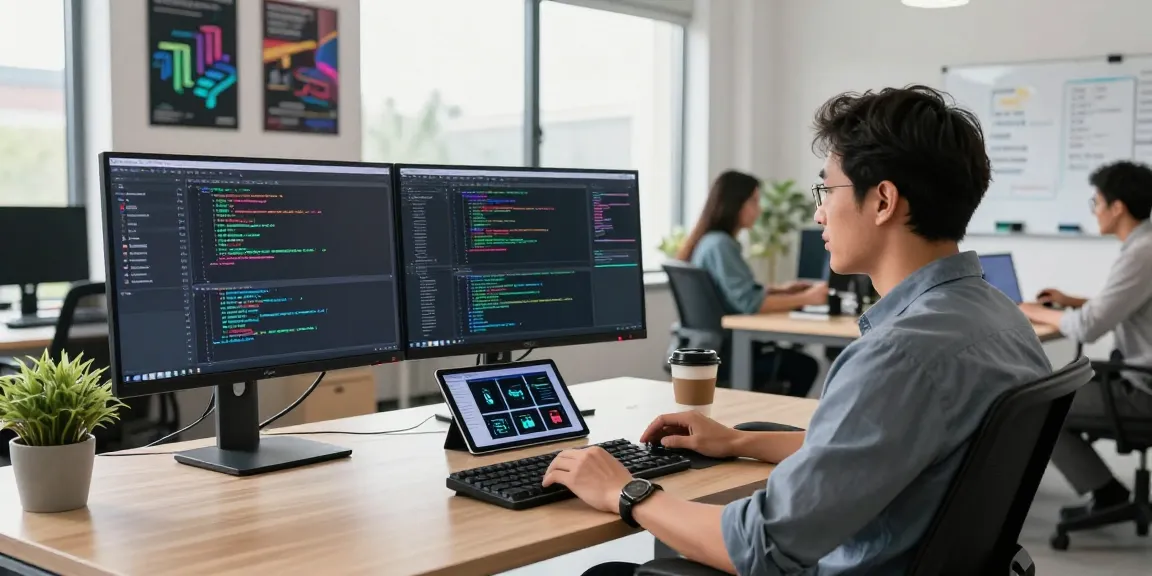Professional workspace with coder and dual monitors showcasing 纸飞机中文版 technology in a modern office.