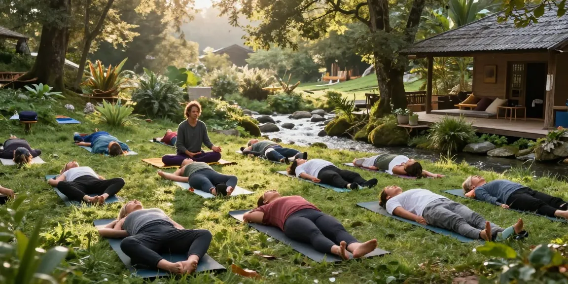 Group practicing pranayama courses in a tranquil yoga ashram surrounded by nature.