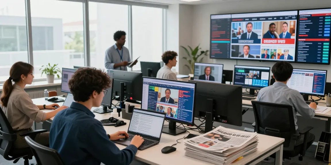 Active newsroom environment at https://www.theindaily.com with journalists collaborating on breaking news.