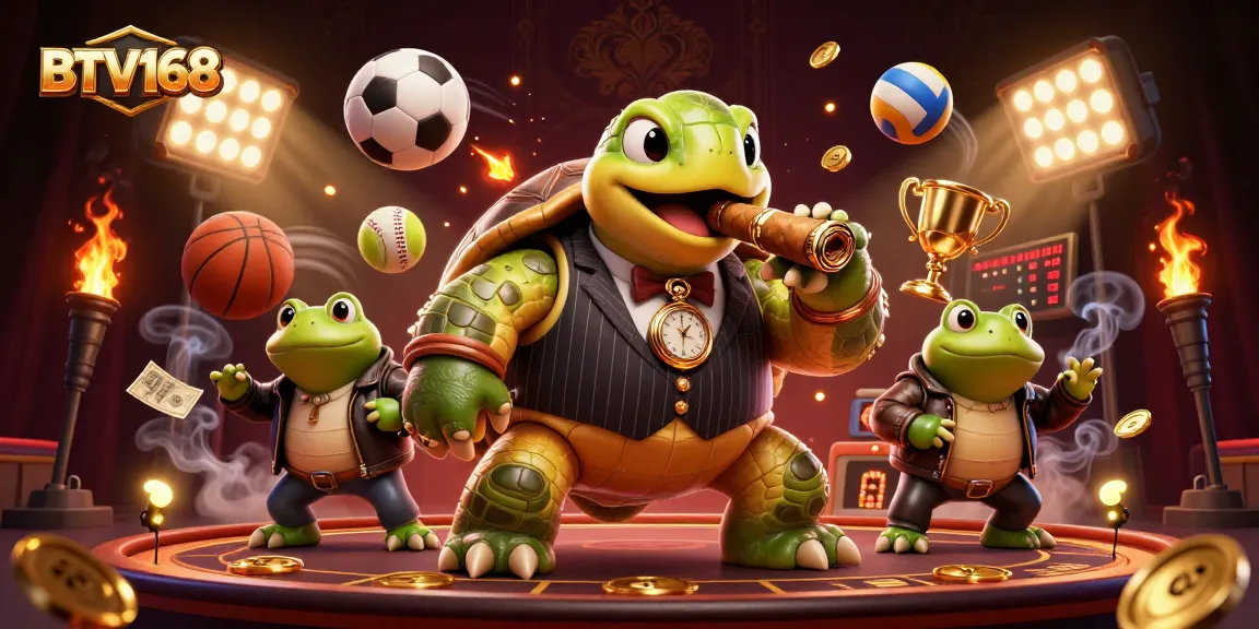 BTV168 showcases a dynamic casino scene with a turtle in a mobster suit and bullfrogs!