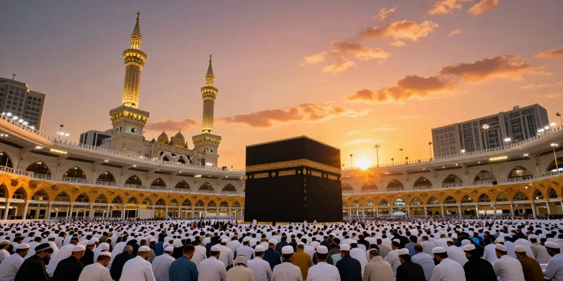 Umroh Ramadhan pilgrimage in Makkah at sunset, showcasing the sacred Kaaba.